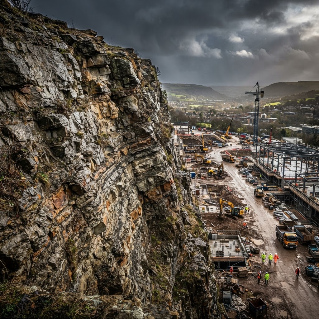 Exposed rock strata ground layers at a UK construction site