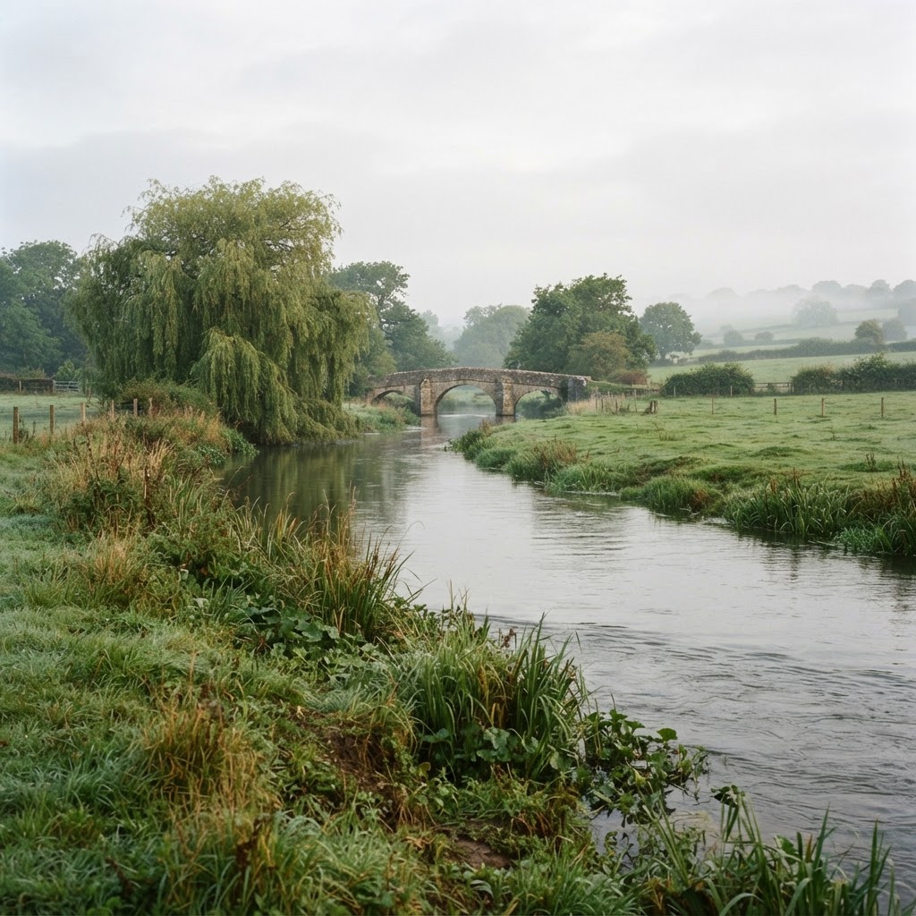 A calm rural English river in soft morning light