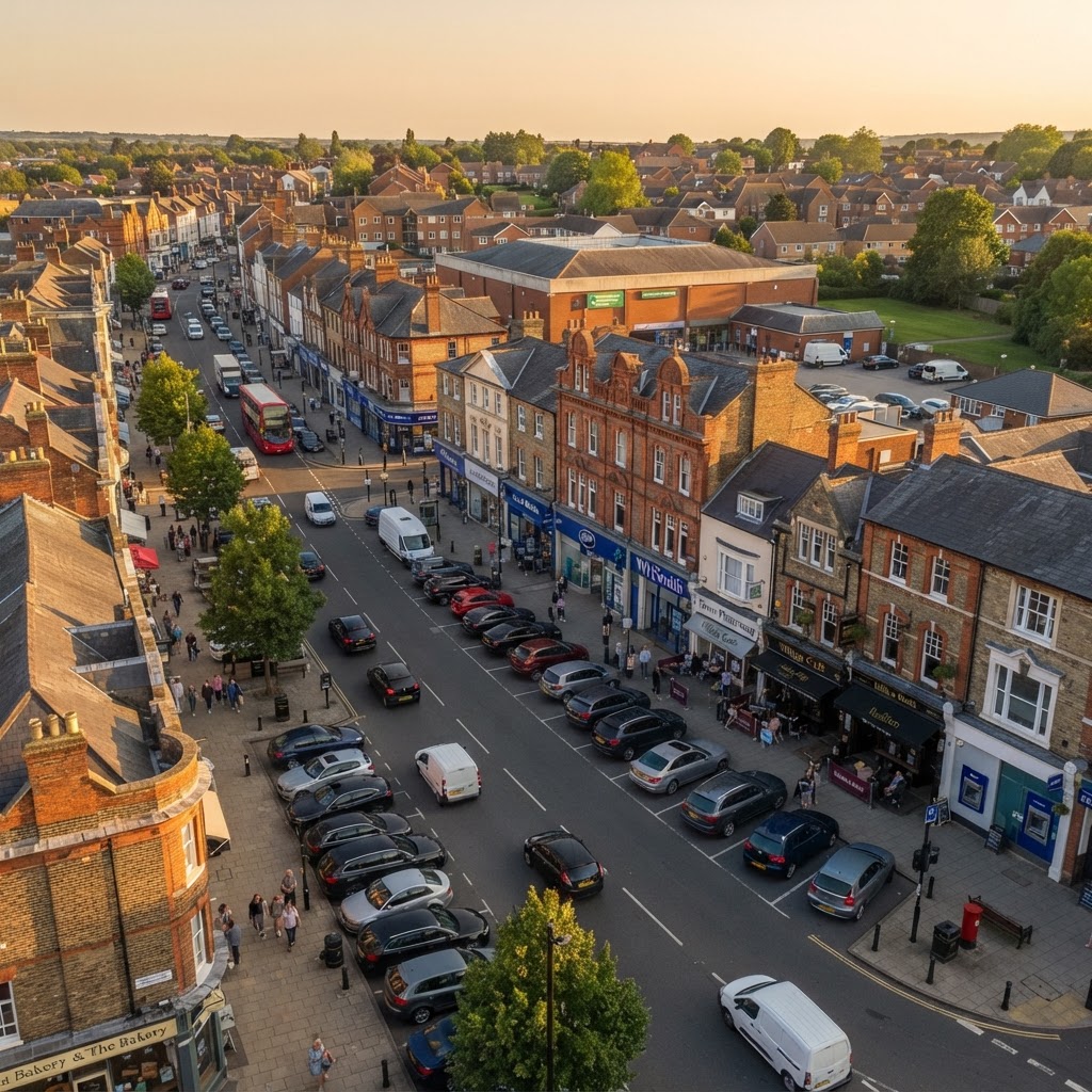 Busy UK high street with shops, supermarket, cafes and banks