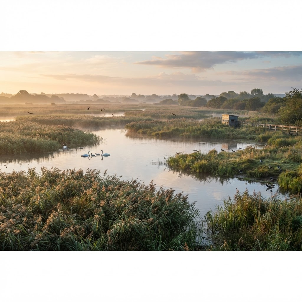 Untouched English wetland nature reserve with reeds and water