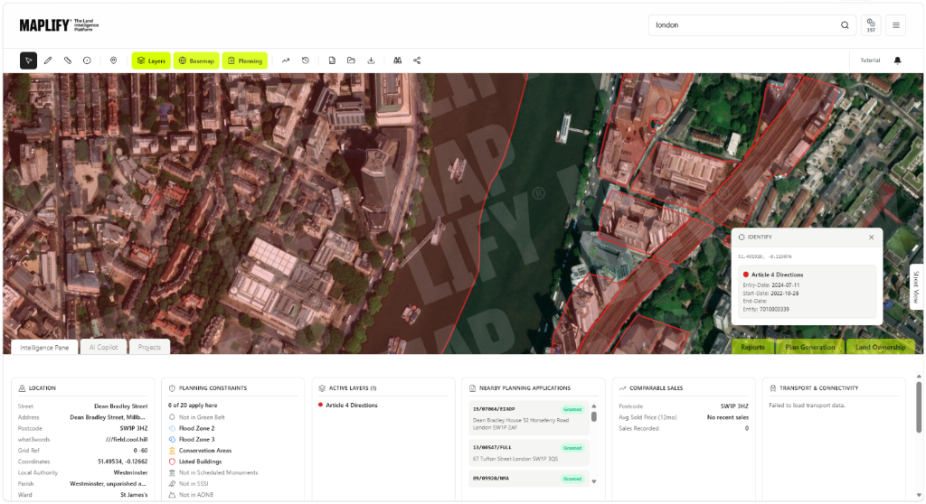 Maplify map screenshot showing the Article 4 Directions layer over a Westminster site, alongside planning constraints, nearby planning applications and site intelligence data