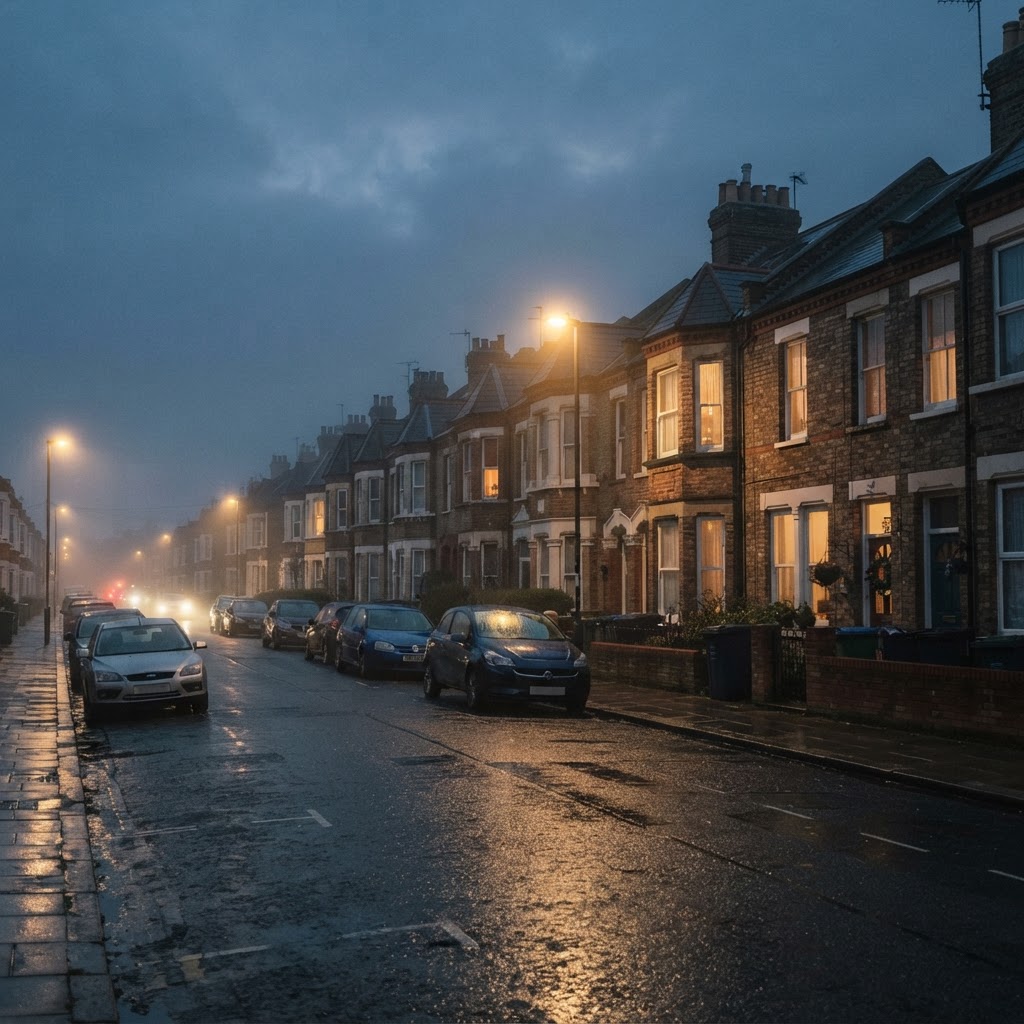 A quiet residential street at dusk with warm-lit windows