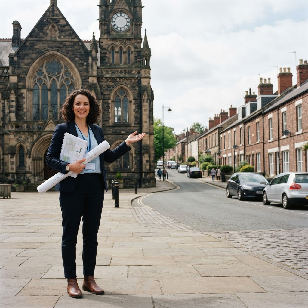 Town planning consultant reviewing a constraints map and policy documents in an office