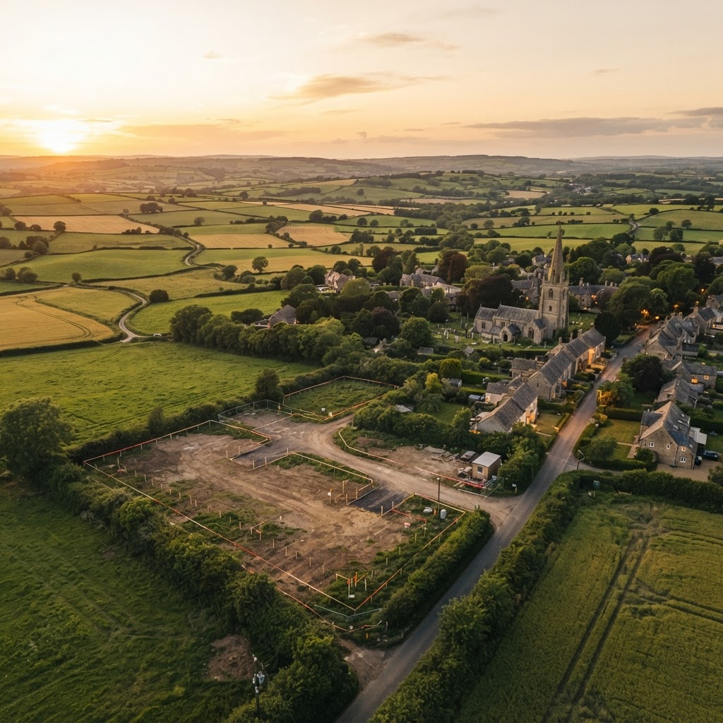Aerial view of UK countryside development land with fields and a village