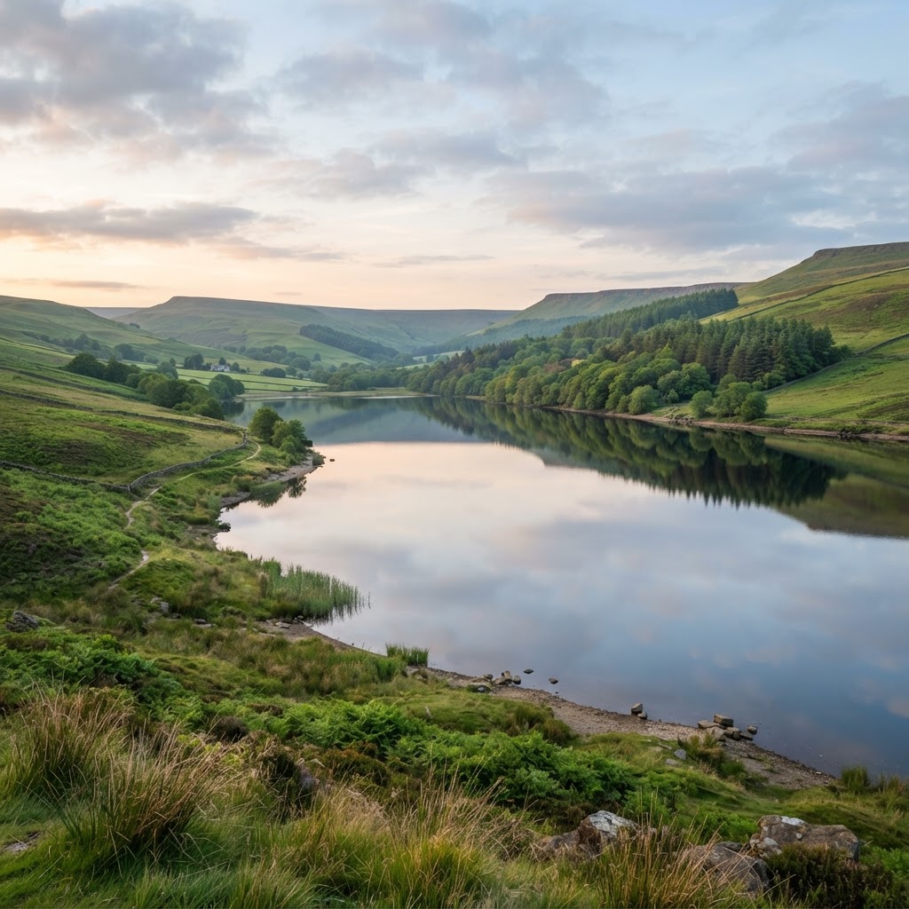 Clean natural spring-fed reservoir surrounded by green UK hills