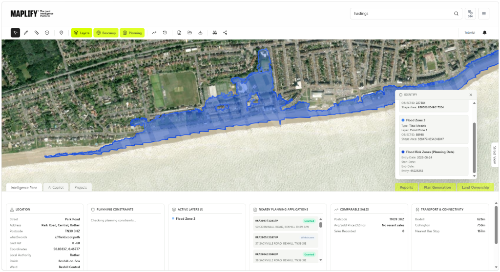 Flood Zone layers shown on the Maplify map with planning applications and site intelligence Maplify map screenshot showing Flood Zone 2 and 3 along a coastal site in Bexhill-on-Sea, alongside nearby planning applications and site intelligence data