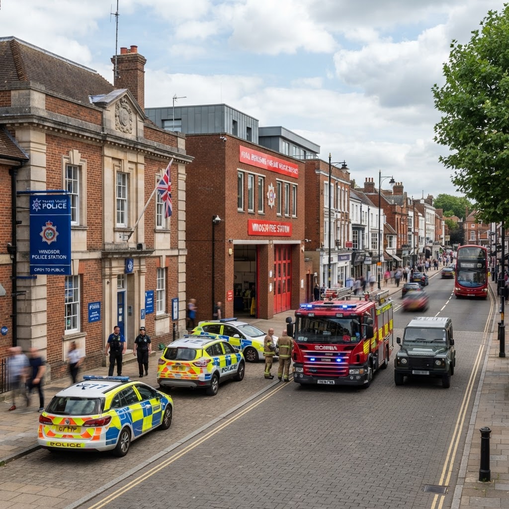 UK police station and fire station buildings with emergency vehicles