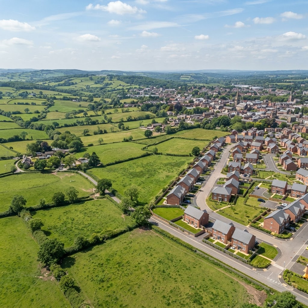 English countryside meeting the edge of a new housing development