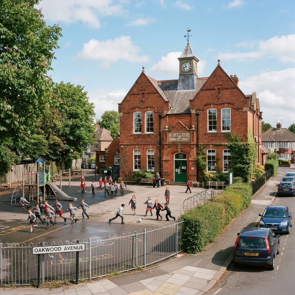 UK primary school building exterior with playground