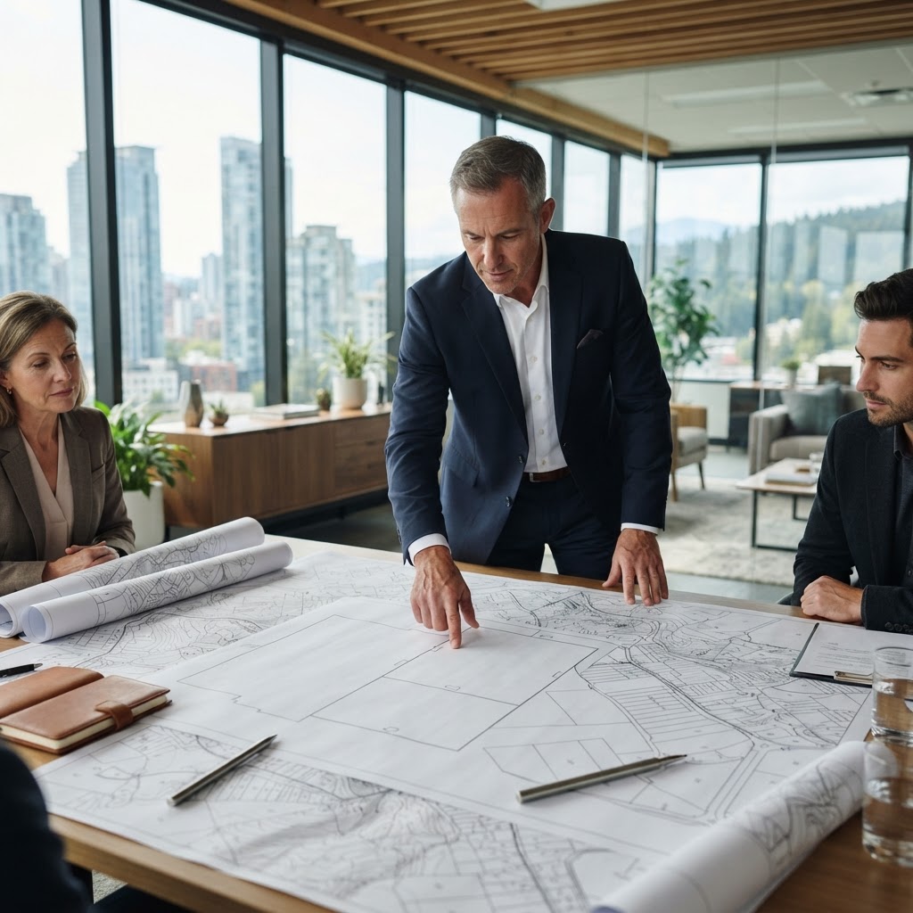 Investor analyzing multiple adjoining land parcels on a large digital map screen
