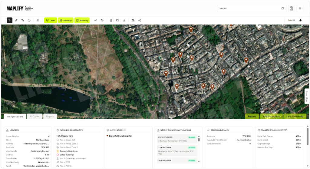 Brownfield Land Register layer shown on the Maplify map with planning applications and site intelligence Maplify map screenshot showing the Brownfield Land Register layer over a Mayfair site in London, alongside nearby planning applications and site intelligence data