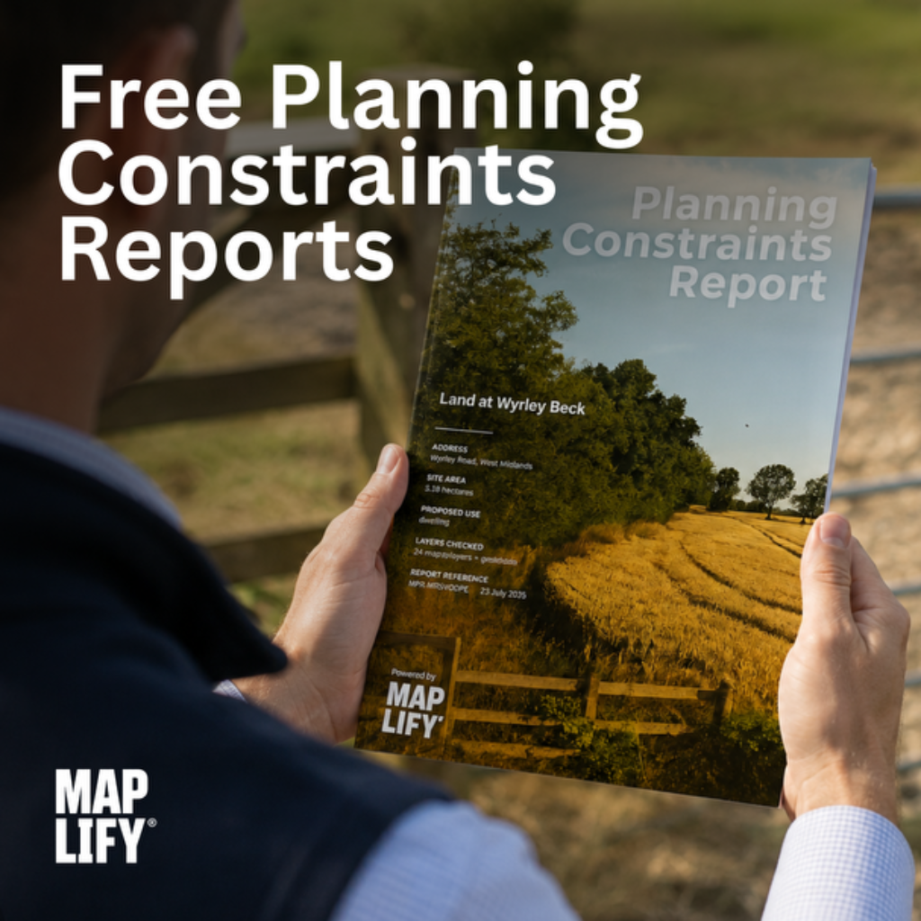 Free planning constraints report PDF from Maplify showing site address, area and layers checked
