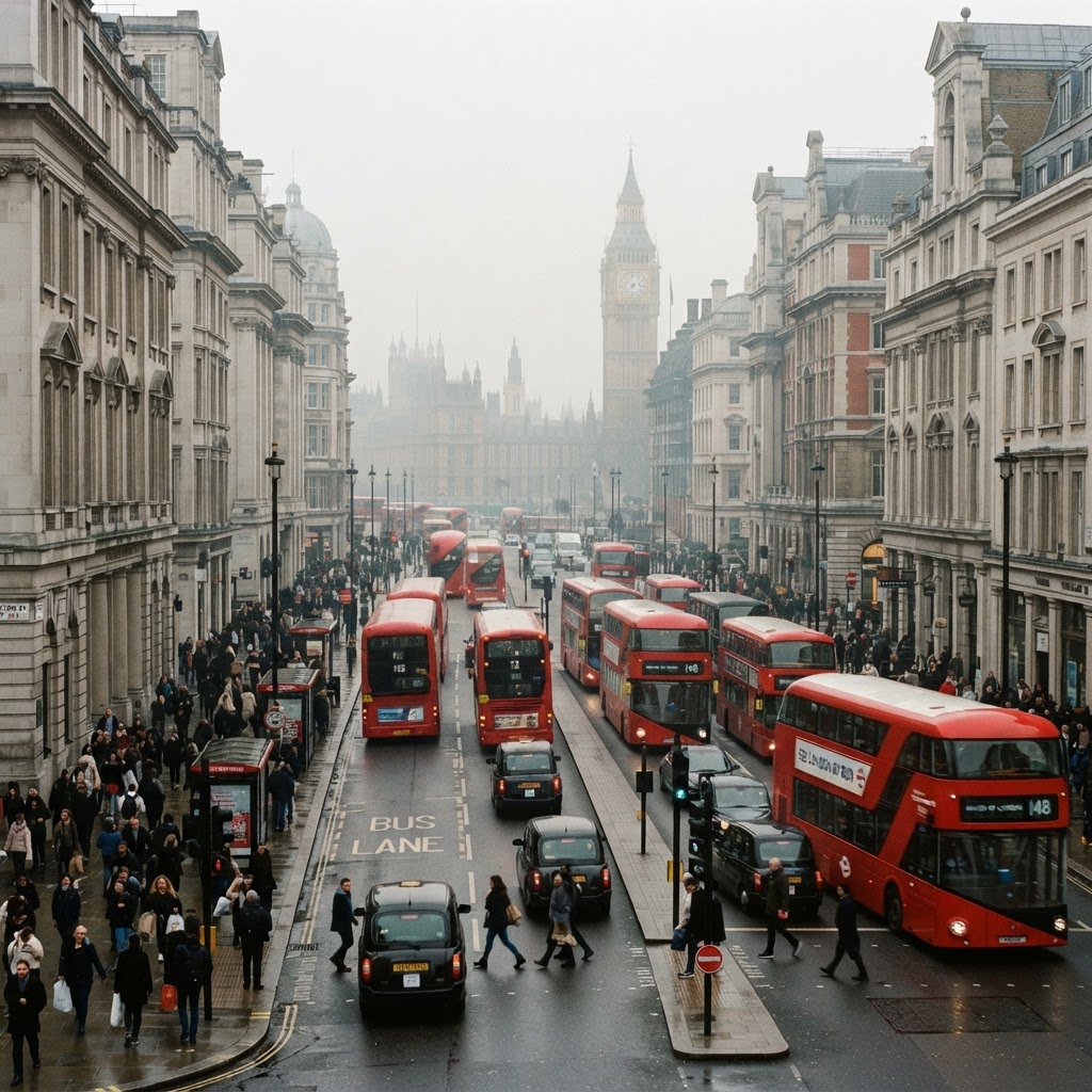 Busy UK city street with traffic and buildings