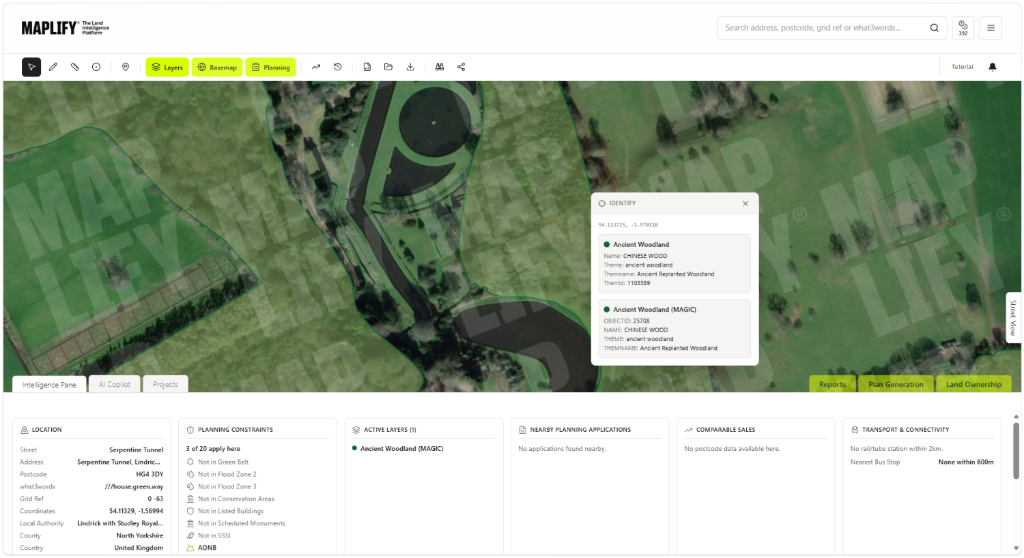 Ancient Woodland layer shown on the Maplify map with planning constraints and site intelligence Maplify map screenshot showing the Ancient Woodland layer identifying Chinese Wood near Studley Royal, North Yorkshire, alongside planning constraints and site intelligence data