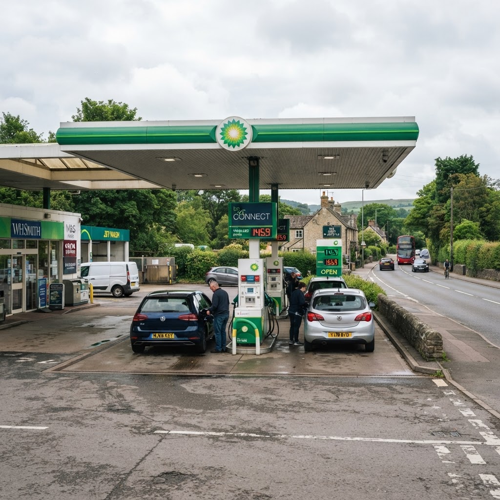 UK petrol filling station forecourt with fuel pumps