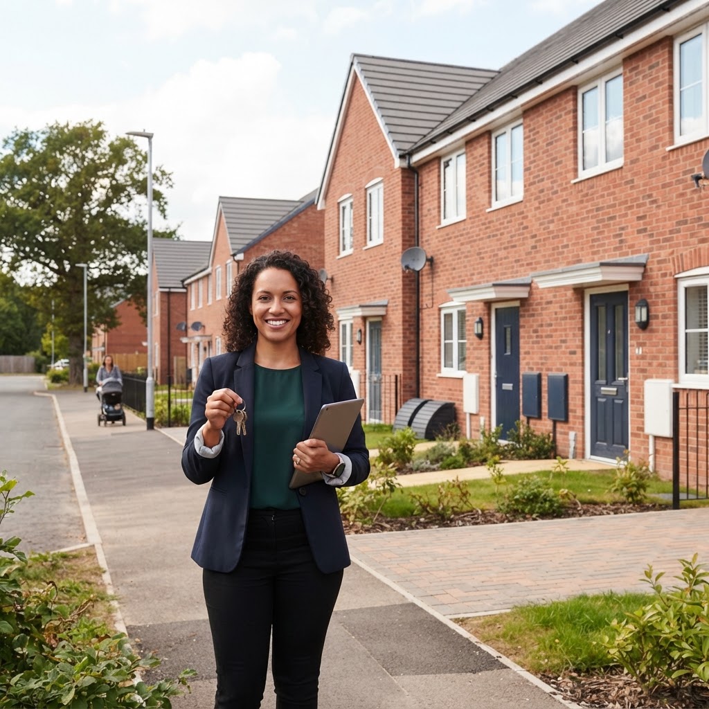 Housing association representative standing in front of a new affordable housing development