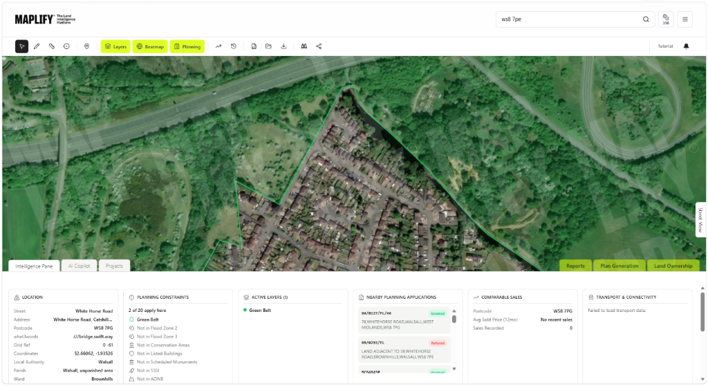 Green Belt layer shown on the Maplify map with planning constraints and site intelligence Maplify map screenshot showing the Green Belt boundary layer over a residential site in Walsall, alongside planning constraints, nearby planning applications and site intelligence data