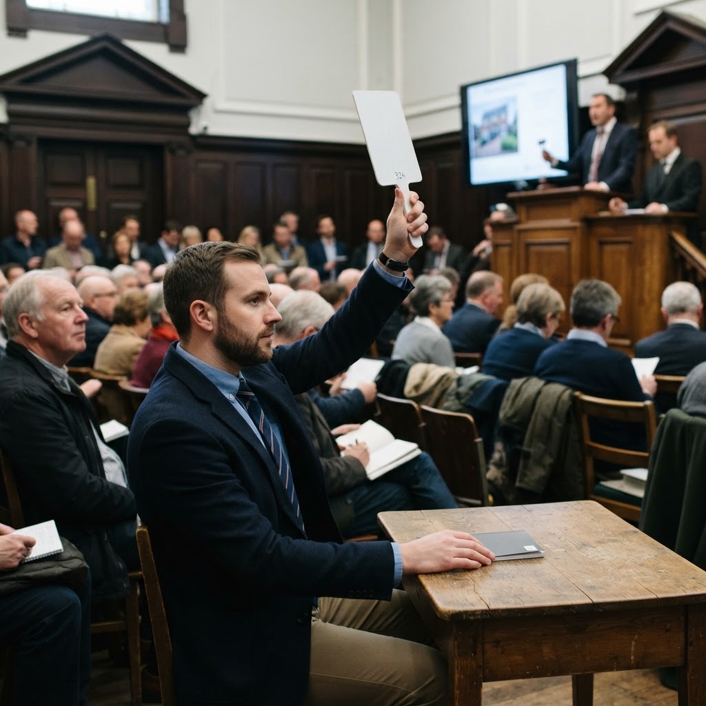 Buyer at a UK property auction holding a paddle and printed auction catalogue