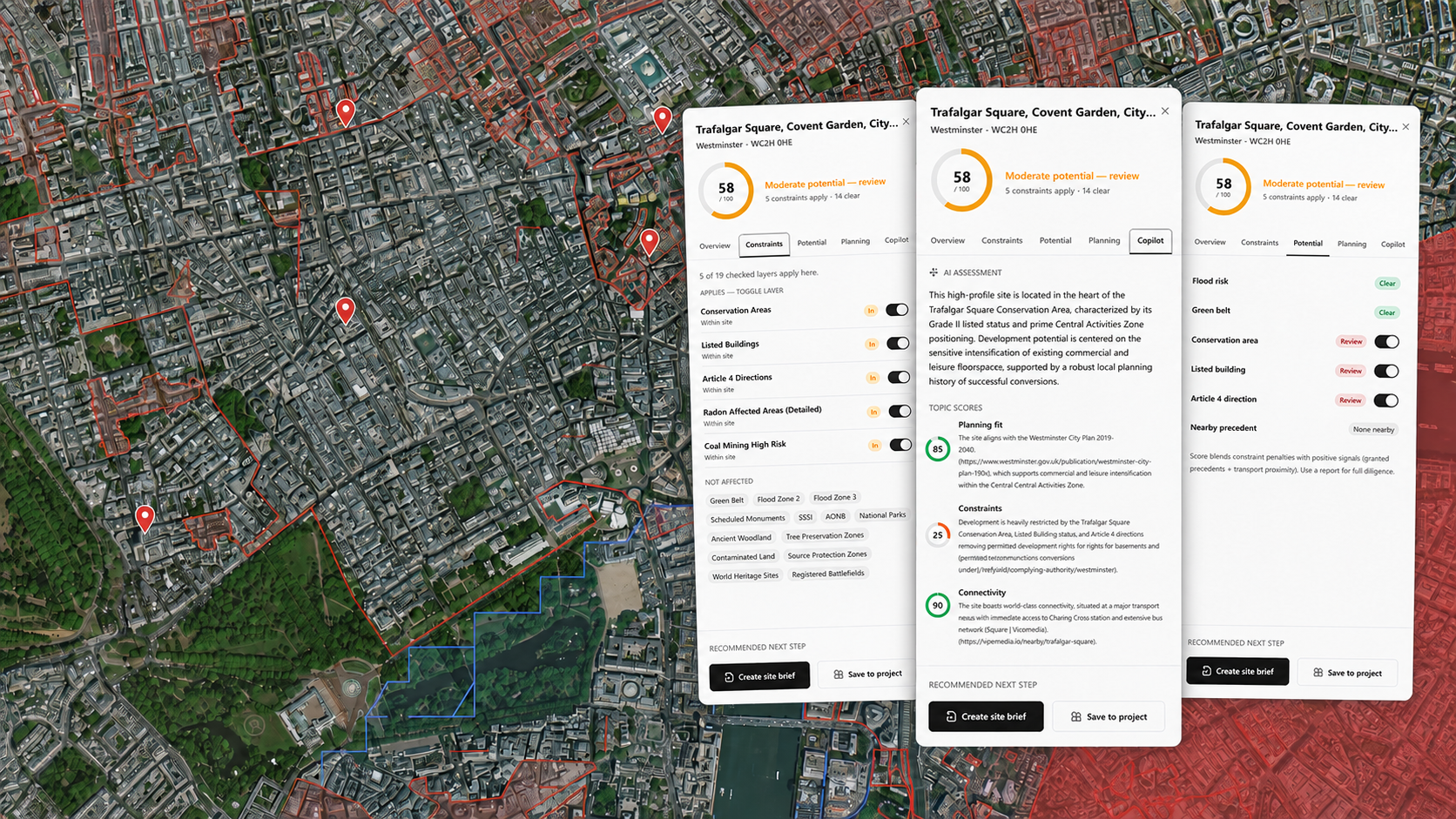 Maplify planning constraints map showing a Central London site with the site-intelligence pane — a 58 out of 100 development potential score, applied constraints list, and AI copilot assessment tabs