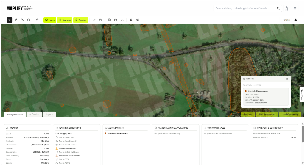 Scheduled Monuments layer shown on the Maplify map with planning applications and site intelligence Maplify map screenshot showing the Scheduled Monuments layer identifying Vespasian's Camp near Amesbury, alongside nearby planning applications and site intelligence data