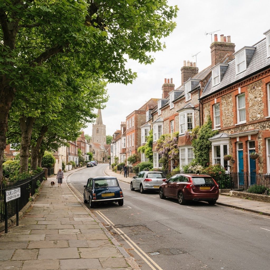 Quiet residential conservation area street in an English town