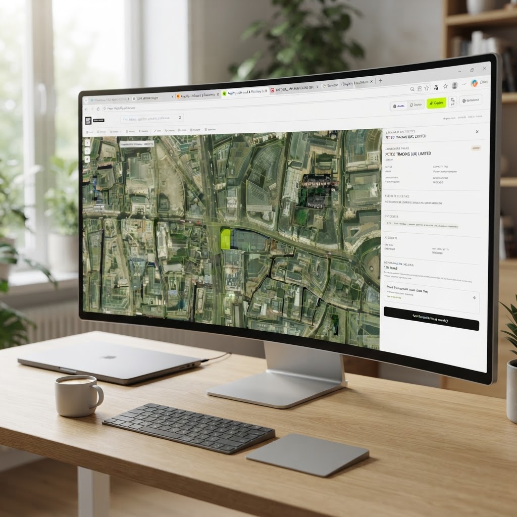 A modern minimalist desk setup with an ultra-wide monitor displaying the Maplify land intelligence platform — an aerial property-boundary map of Central London with a highlighted parcel and the AI Copilot button