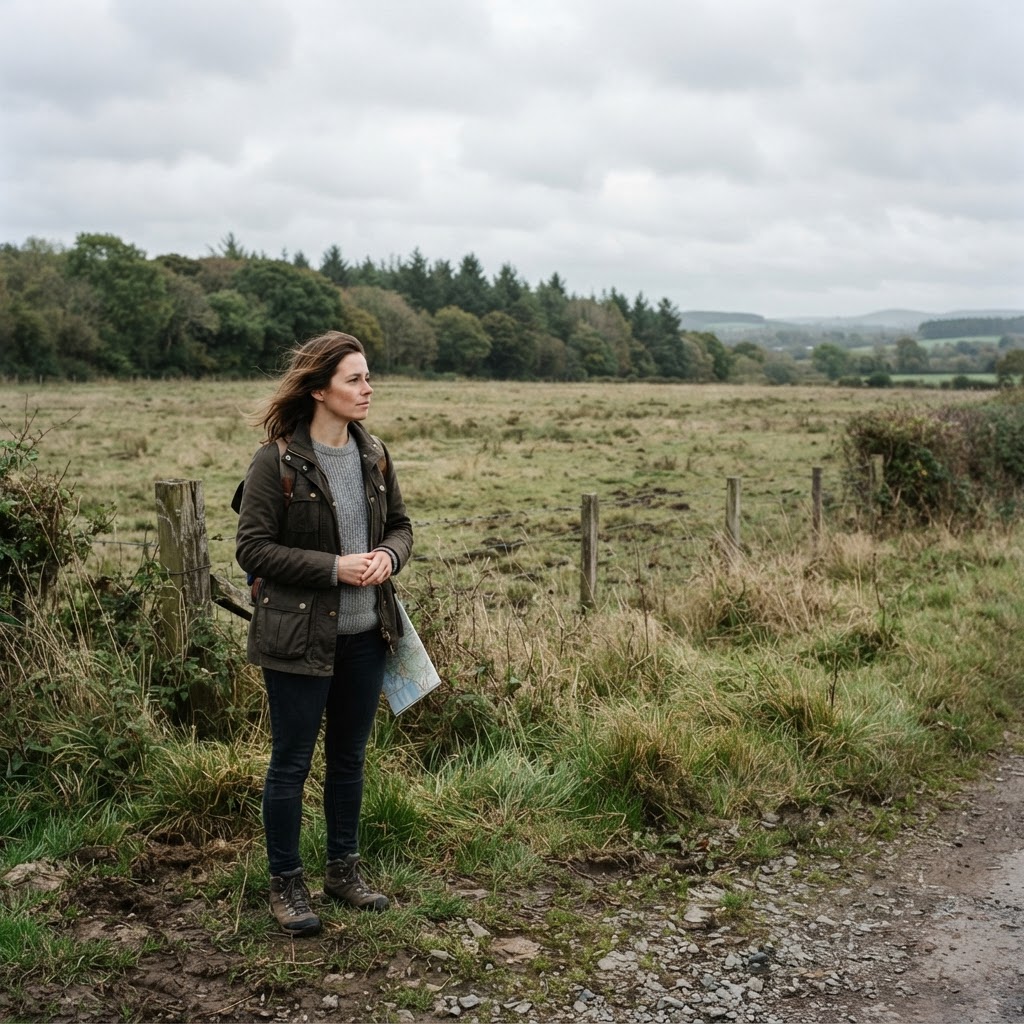 Person standing at the edge of an undeveloped rural field considering a land purchase