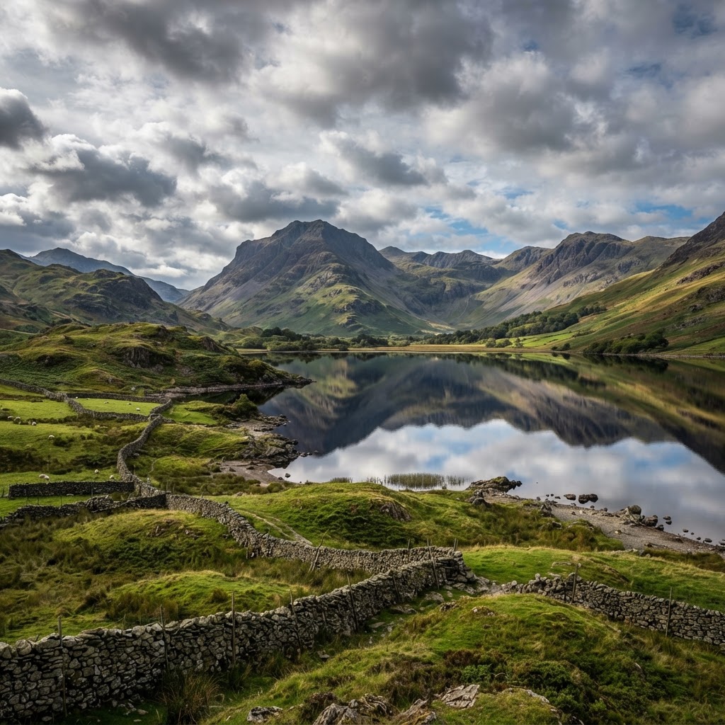 Mountains and a still lake in the English Lake District National Park