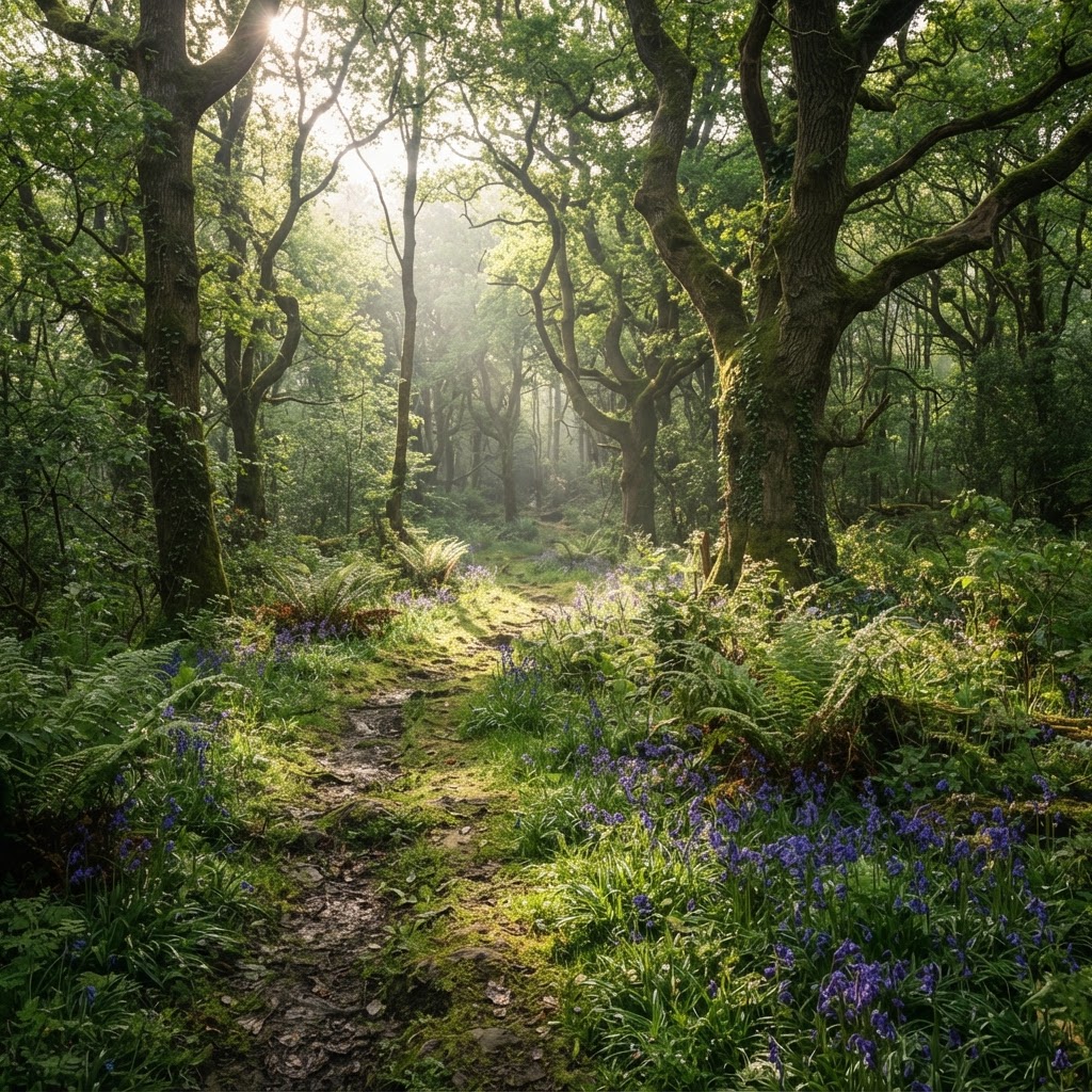 Sunlight through ancient oak trees on a woodland footpath