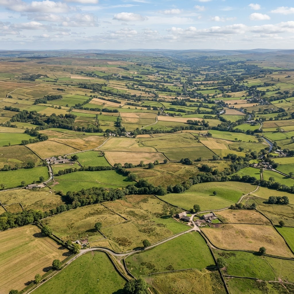 English fields divided by hedgerows and stone walls showing land boundaries