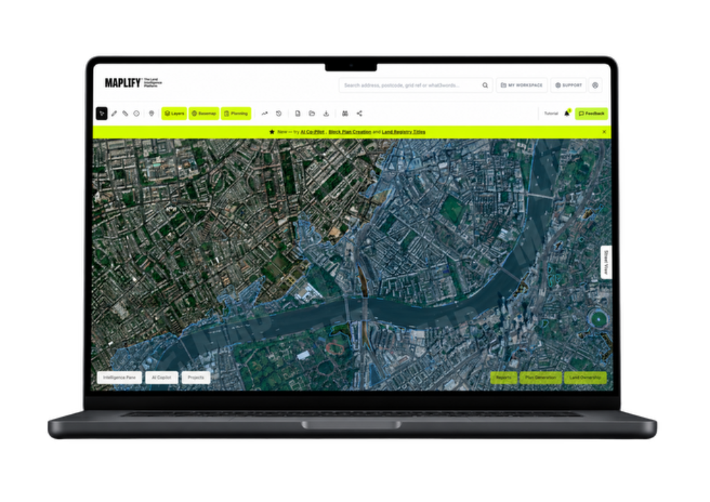 Maplify flood risk map screenshot showing Environment Agency flood zones over the River Thames in London