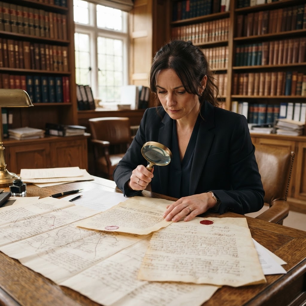 Solicitor reviewing a property title plan and land registry documents