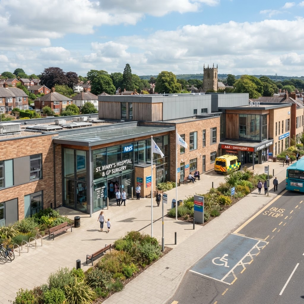 UK NHS hospital and GP surgery building exterior