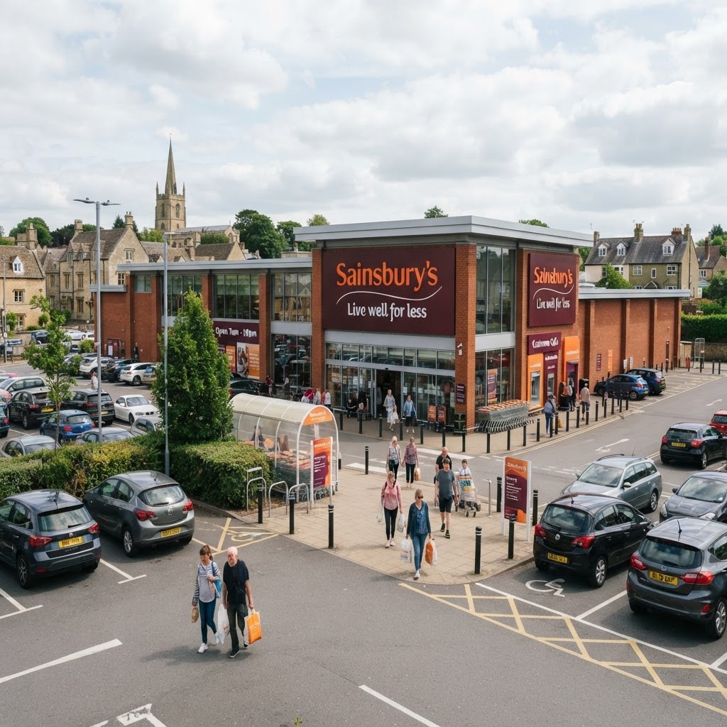 UK supermarket exterior with car park