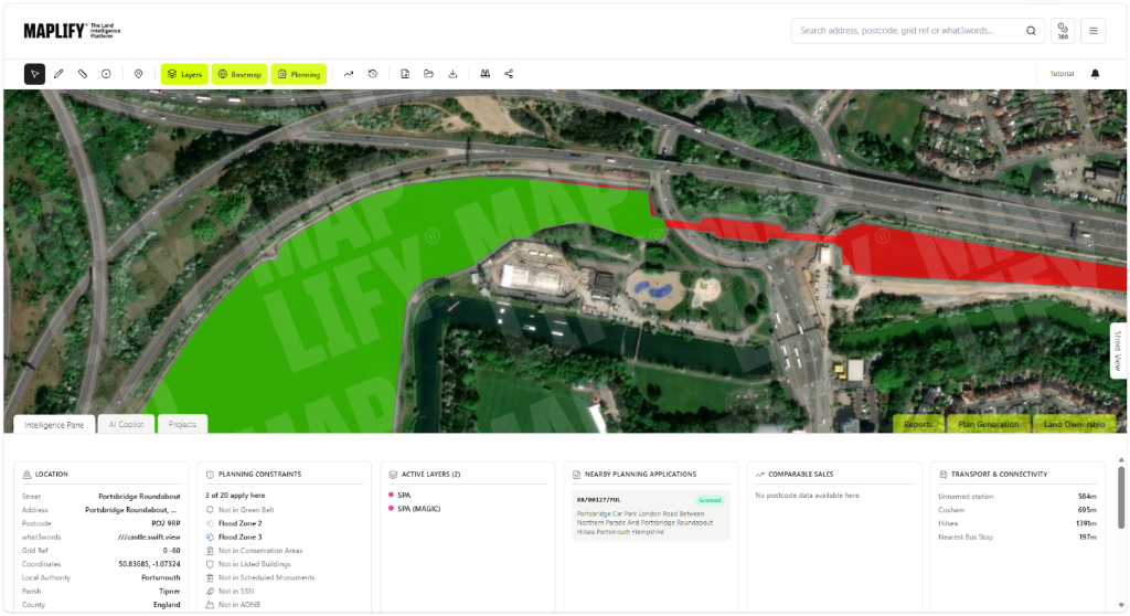 Special Protection Area (SPA) layer shown on the Maplify map with planning applications and site intelligence Maplify map screenshot showing an SPA boundary near Portsbridge Roundabout, Portsmouth, alongside nearby planning applications and site intelligence data
