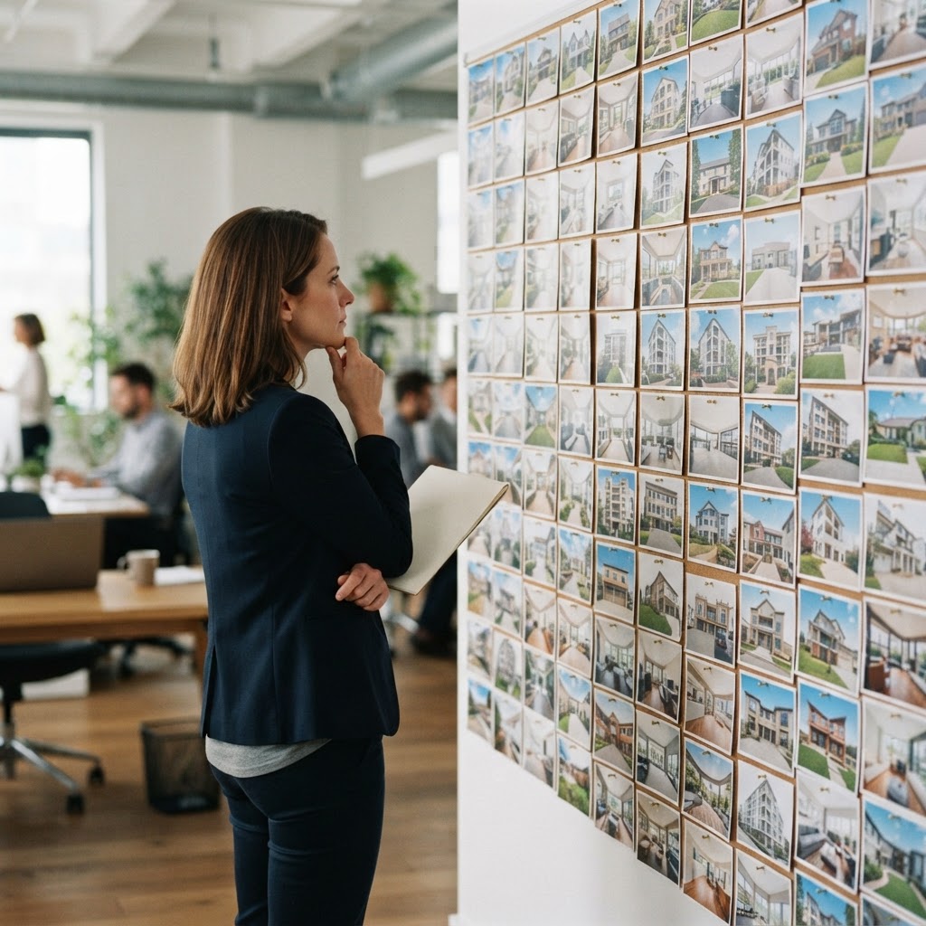 Property portfolio manager reviewing photographs of multiple properties pinned on an office wall
