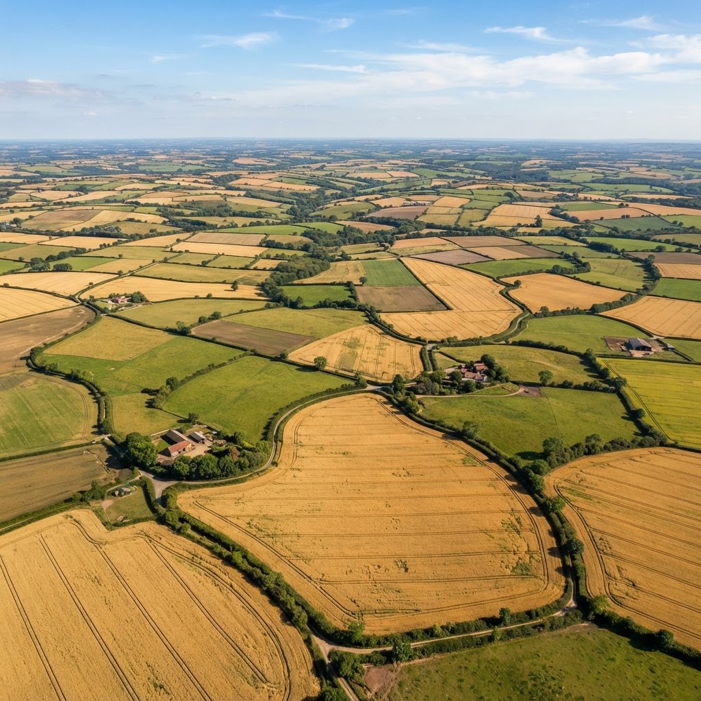Golden patchwork of British farmland fields from above