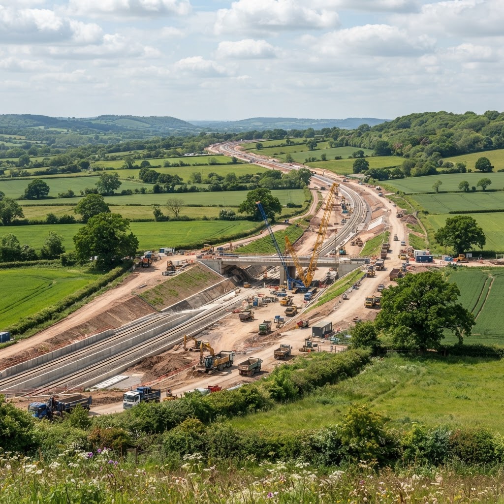 High-speed rail construction through English countryside