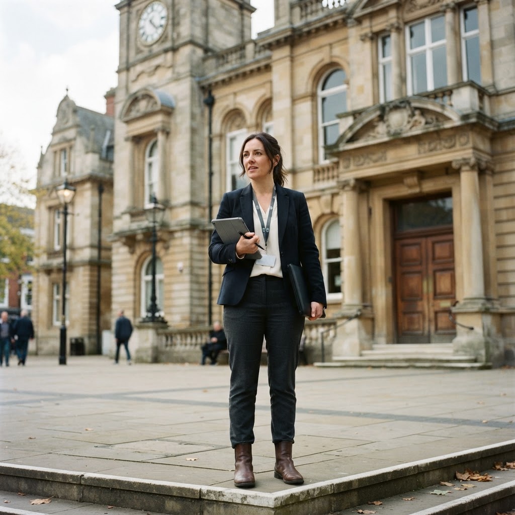 Local authority planning officer standing outside a UK town hall building