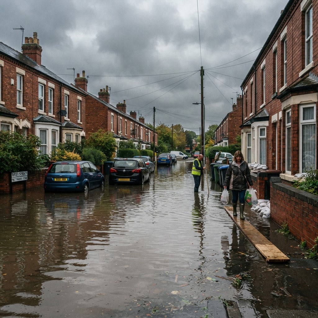 Flooded UK residential street with floodwater covering the road
