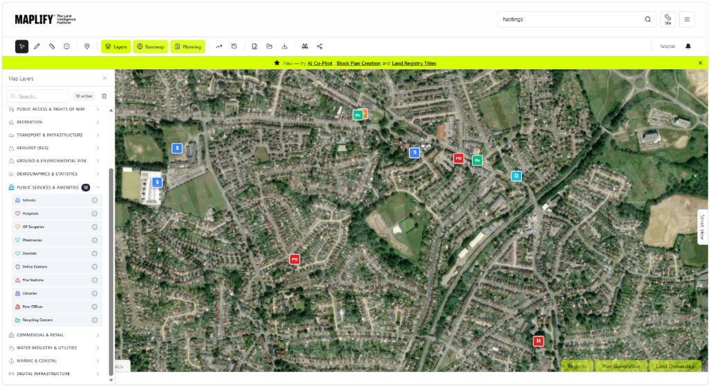 Public Services & Amenities layer shown on the Maplify map with site intelligence data Maplify map screenshot showing the Public Services & Amenities layer over Hastings, with school, hospital, post office and recycling centre markers