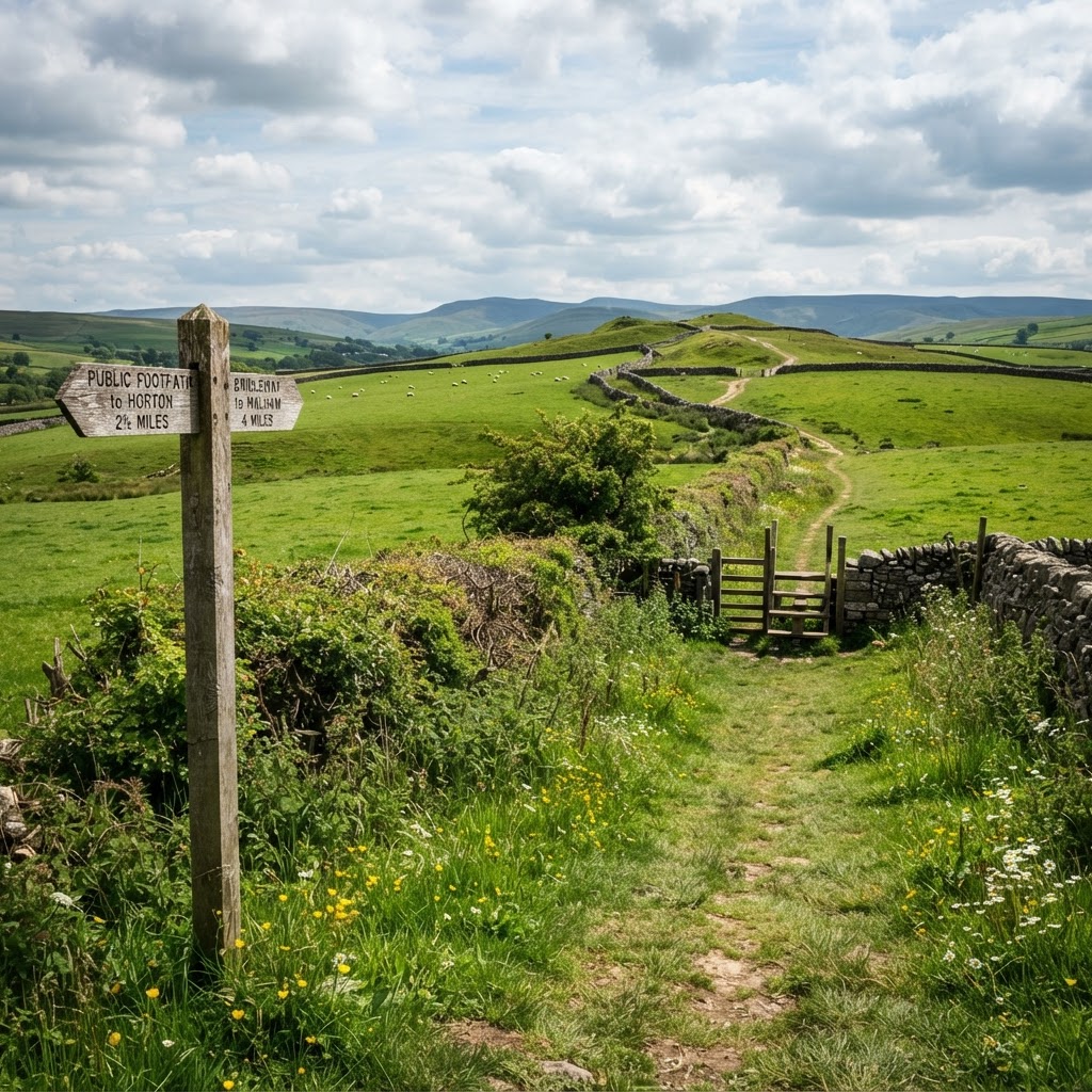 Classic English countryside public footpath with a wooden signpost
