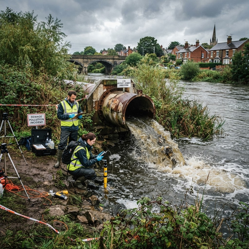 UK combined sewer storm overflow outfall pipe discharging into a river