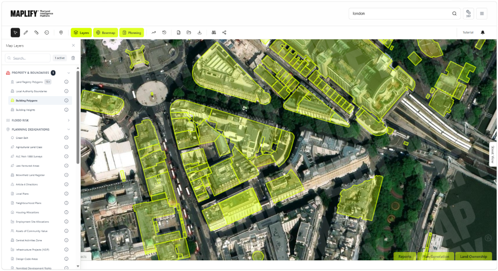 Maplify map screenshot showing the Building Polygons layer over London, with the Map Layers panel open showing Property & Boundaries, Planning Designations and other layer categories