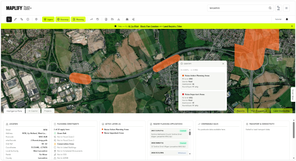 Maplify map screenshot showing Noise Action Planning Areas and Noise Important Areas near a road junction in Lancashire, alongside site intelligence data