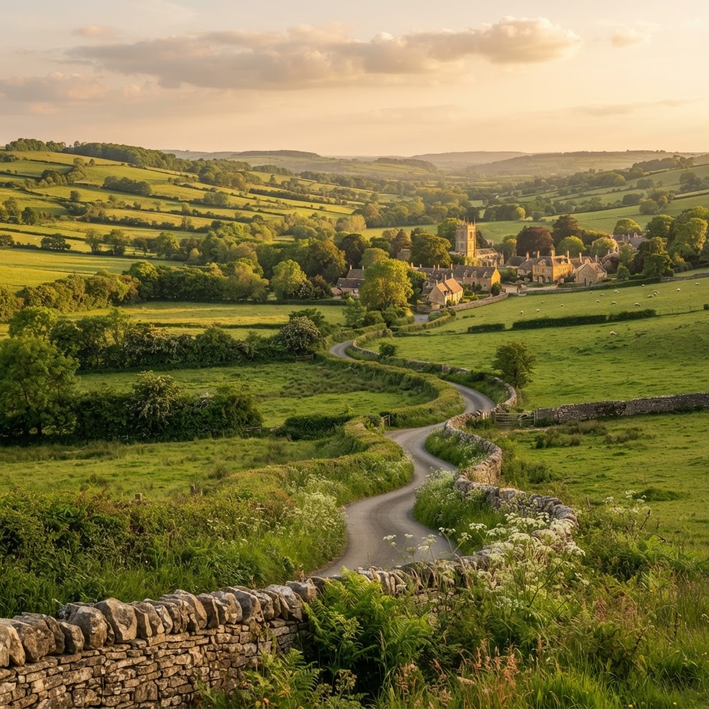 Rolling green hills of the Cotswolds Area of Outstanding Natural Beauty