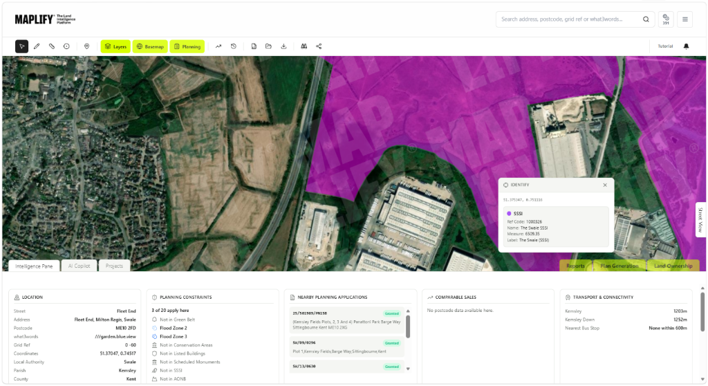 Maplify map screenshot showing the SSSI layer over The Swale SSSI in Kent, alongside nearby planning applications and site intelligence data