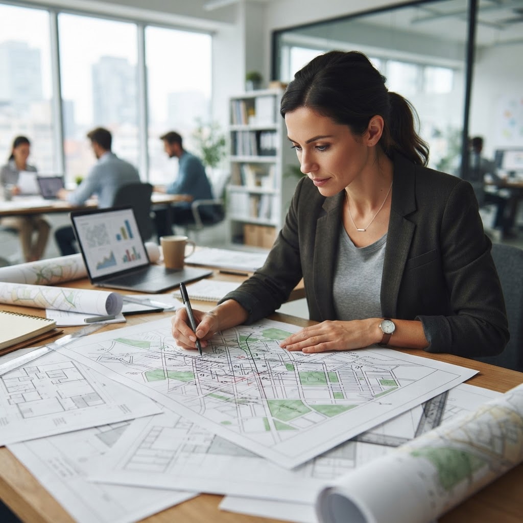 Planning consultant preparing a constraints map printout for a planning application