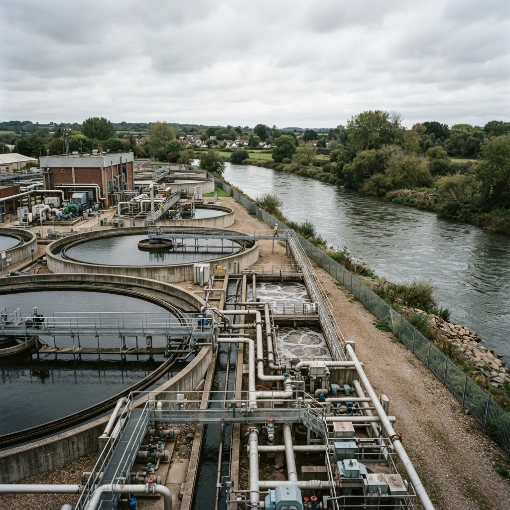 UK water treatment works with settlement tanks beside a river