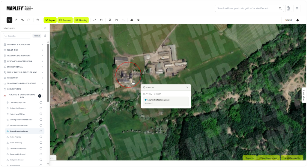 Source Protection Zones layer shown on the Maplify map with the layers panel and identify popup Maplify map screenshot showing the Source Protection Zones layer identified over a rural site, alongside the Map Layers panel and site identify popup